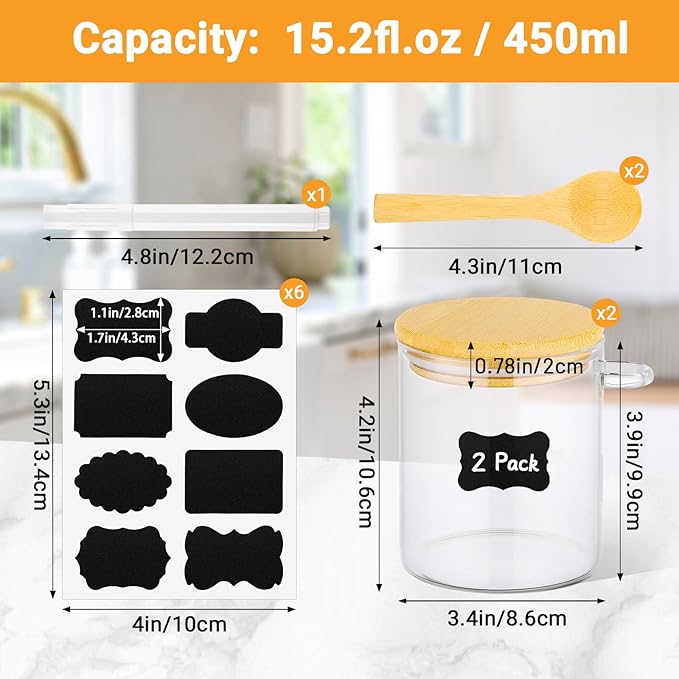 Glass Jars with Bamboo Lids and Spoon - 2 Pack 15 Fl.oz Round Glass Storage Jars with Airtight Lid, Clear Stackable Sugar and Coffee Container Set for Overnight Oats, Spice, Loose Tea,Candy