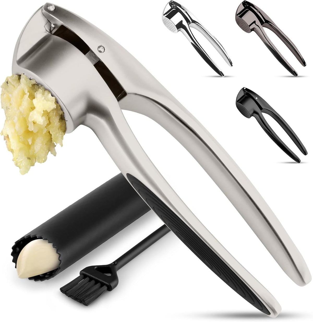 Zulay Kitchen Premium Garlic Press Set – Rust Proof & Dishwasher Safe Garlic Mincer Tool with Silicone Garlic Peeler & Brush, Easy Squeeze & Clean, Ergonomic Soft Grip Handle - Medium – Chrome