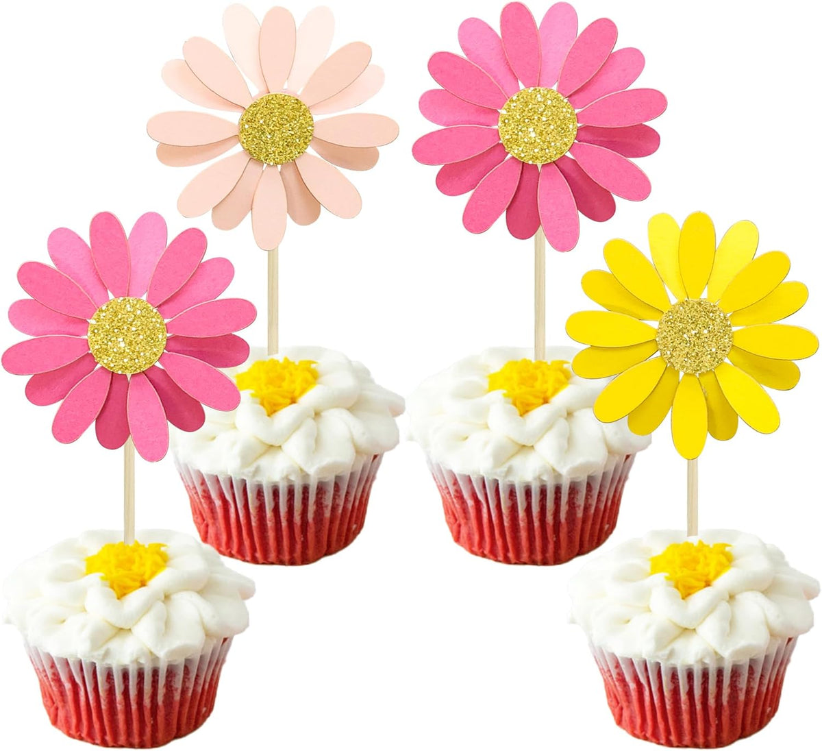 Ephlyn 24Pcs Daisy Cupcake Toppers Daisy Cake Decorations Chrysanthemum Cupcake Toppers Spring Daisy Flower Cake Picks for Birthday Wedding Supplies Multicolor 3