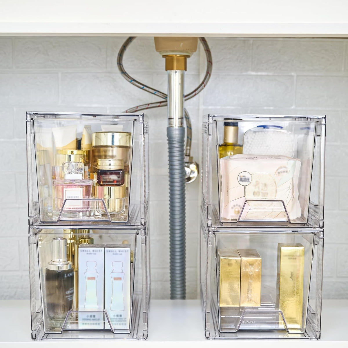 JollyPack 4 Pack Clear Stackable Storage Drawers, Easy to Assemble Multi-Use Bathroom Organizers and Storage, Suitable for Vanity, Bathroom, Makeup, Under Sink, Office, Kitchen and Pantry