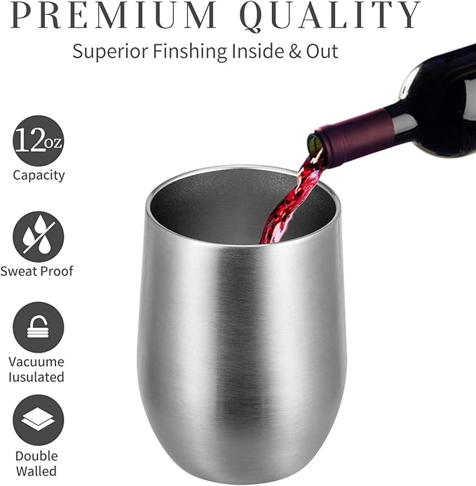 MEWAY 12oz/4 Pack Wine Tumbler Glasses with Lid - Stemless Double Wall Vacuum Stainless Steel Travel Tumbler - Keeping Cold & Hot for Wine,Coffee,Cocktails,Drinks-Family and Gifts (Silver,Set of 4)