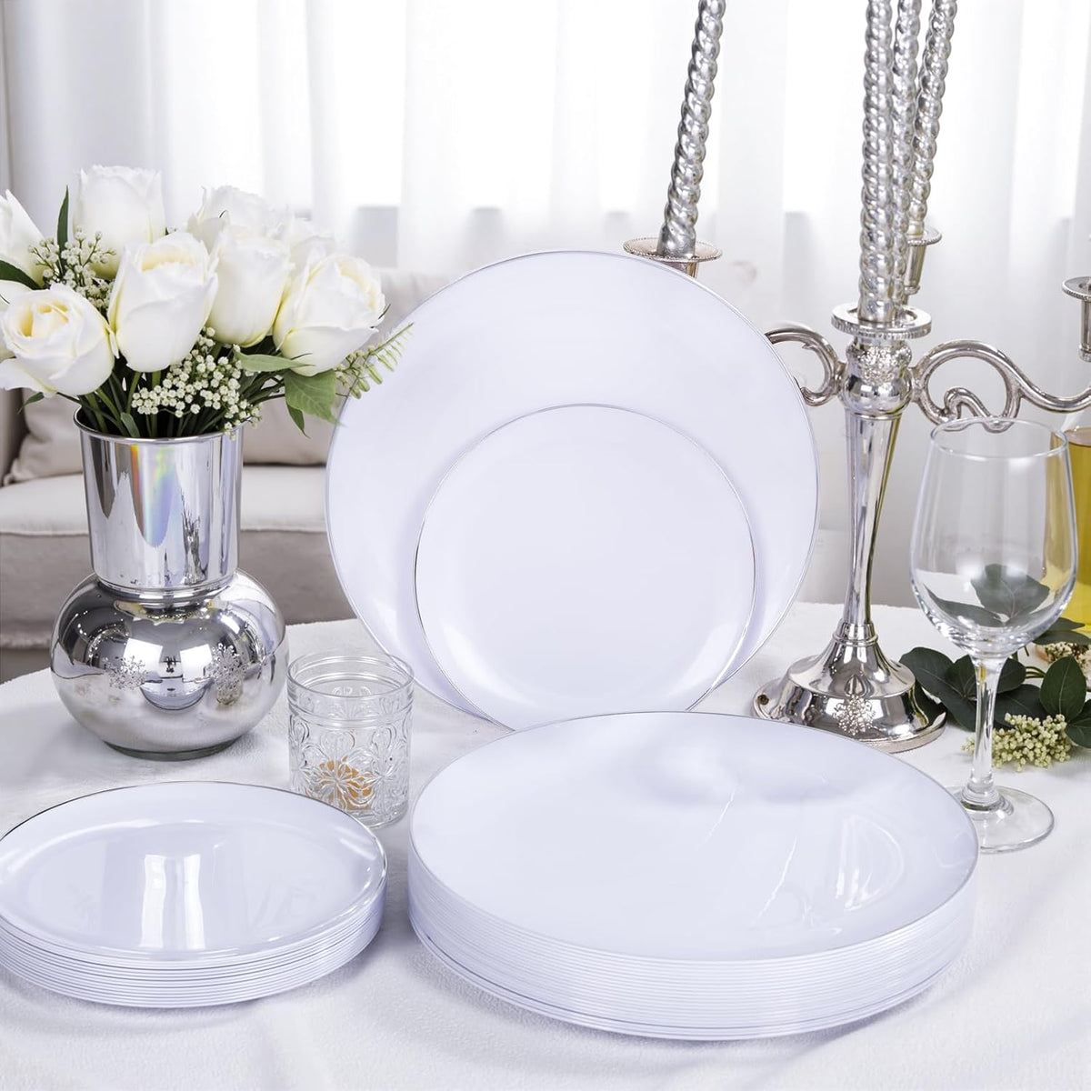 KIRE 200PCS Silver Plastic Plates - White Plastic Plates with Silver Rim Include 100 Dinner Plate and 100 for Dessert/Salad Plate for Birthday/Wedding/Party