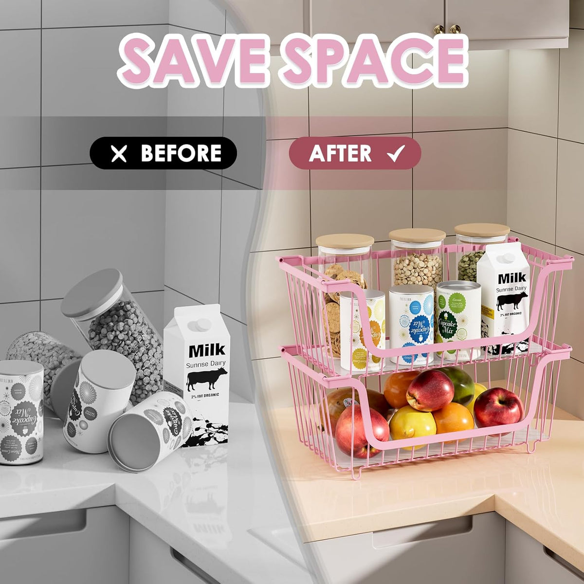 4 Pcs Stackable Wire Baskets for Pantry Organizers and Storage,Vegetable Fruit Basket for Countertop,Kitchen Storage Metal Baskets,Produce Potato Onion Storage Bin,pink