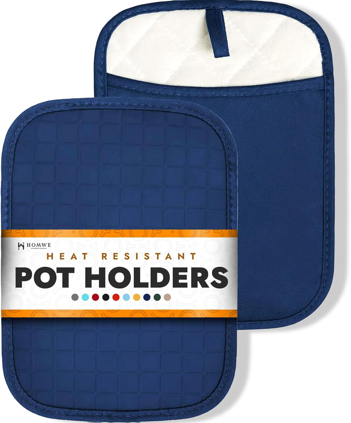 HOMWE Silicone Kitchen Pot Holders with Pockets, 2 Pc Set Trivet, Steam and Heat Resistant Hand and Countertop Protection Hot Pads, Non-Slip Grip potholders, Terrycloth Interior Lining, Navy Blue