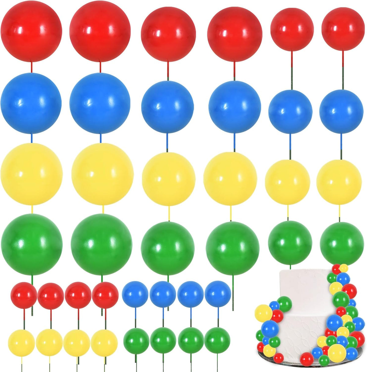 BEISHIDA 40 Pcs Mini Balls Cake Toppers - Foam Balls DIY Cake Topper Inserts for Birthday Wedding Baby Shower Anniversary Cake Decorations (Red Blue Yellow Green)