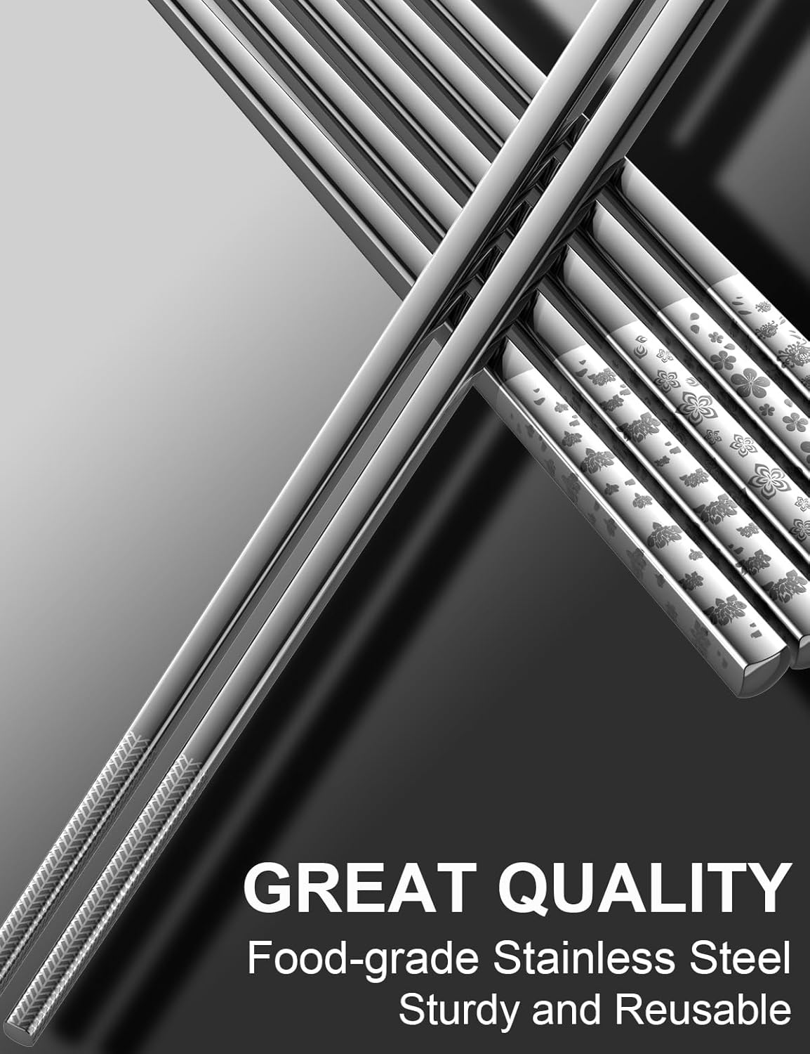 Metal Chopsticks Reusable 18/8 stainless steel Chopsticks 5 Pairs Classic Floral Dishwasher Safe Lightweight Non-Slip Chop Sticks 9 1/4 Inches Present Set