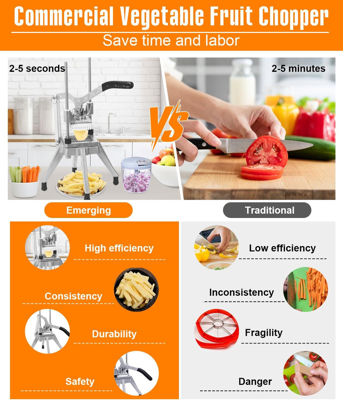 Commercial Vegetable Fruit Chopper 1/4″&3/8″ Blade Heavy Duty Professional Food Dicer Kattex French Fry Cutter Onion Slicer Stainless Steel For Tomato Peppers Potato Mushroom, Silver