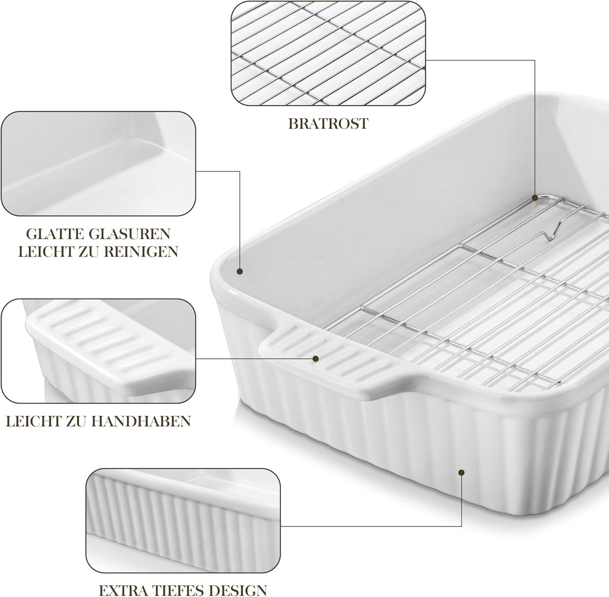 MALACASA 4.4 QT Baking Dish with Rack, 9x13 Large Casserole Dish for Oven, Ceramic Baking Pan with Rack, Rectangular Lasagna Pan Deep with Handles for Baking, Durable Microwave Oven Safe, White