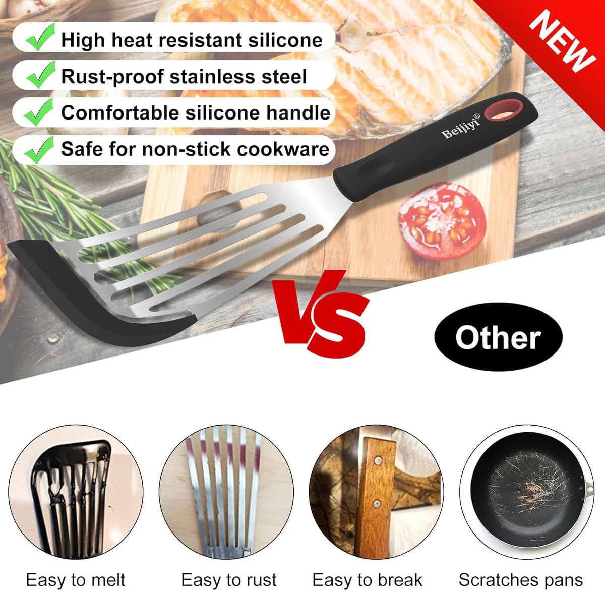 Beijiyi 2-Piece Fish Spatulas Silicone Heat Resistant, Kitchen Spatula Set for Non Stick Frying Pan, Slotted Flexible Fish Turner Cooking Utensils, Large 12.3 In, Small 10.6 In, Black Silicone Edge