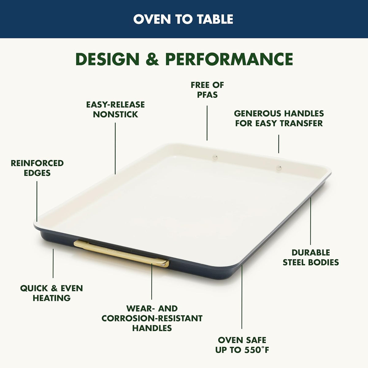 GreenPan Bakeware 13"x18" Half Baking Sheet Pan, Ceramic Nonstick Baking Pan, PFAS & BPA Free, Gold Handles, Durable Steel, Versatile & Space Saving Ovenware, Freezer to Oven Dish, Oxford Blue