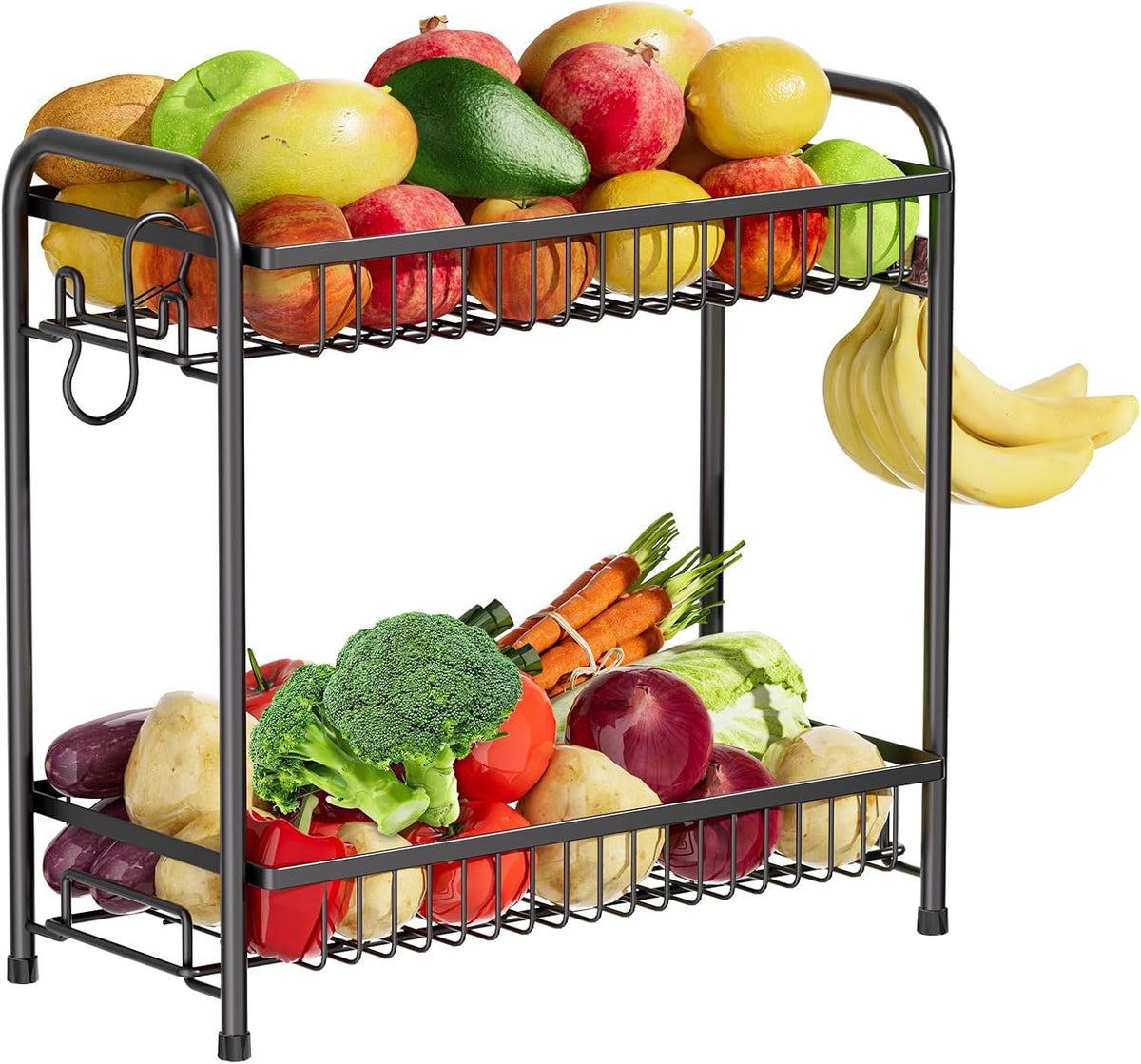 Fruit Basket for Kitchen Counter, 2 Tier Fruit Bowl with Banana Hangers, Large Fruit Holder Stand Countertop Organizer for Vegetable Onion Potato Bread Snack Produce Storage and Display, Black