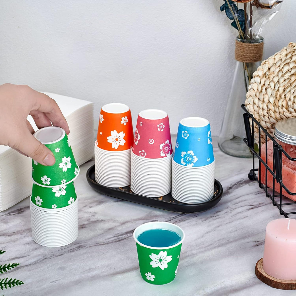 LITOPAK 400 Pack 3oz Disposable Bathroom Cups, Colorful Disposable Mouthwash Cups, Small Paper Cups for Parties, Picnics, Barbecues, Travel and Events