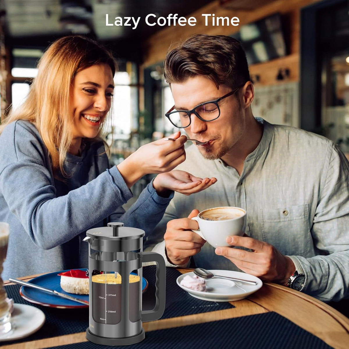 French Press Coffee Maker, French Press 304 Stainless Steel with 4 Filter, Heat Resistant Durable, Easy to Clean, Borosilicate Glass Coffee Press, 100% BPA Free Glass Teapot, 21 ounce, Dark Pewter