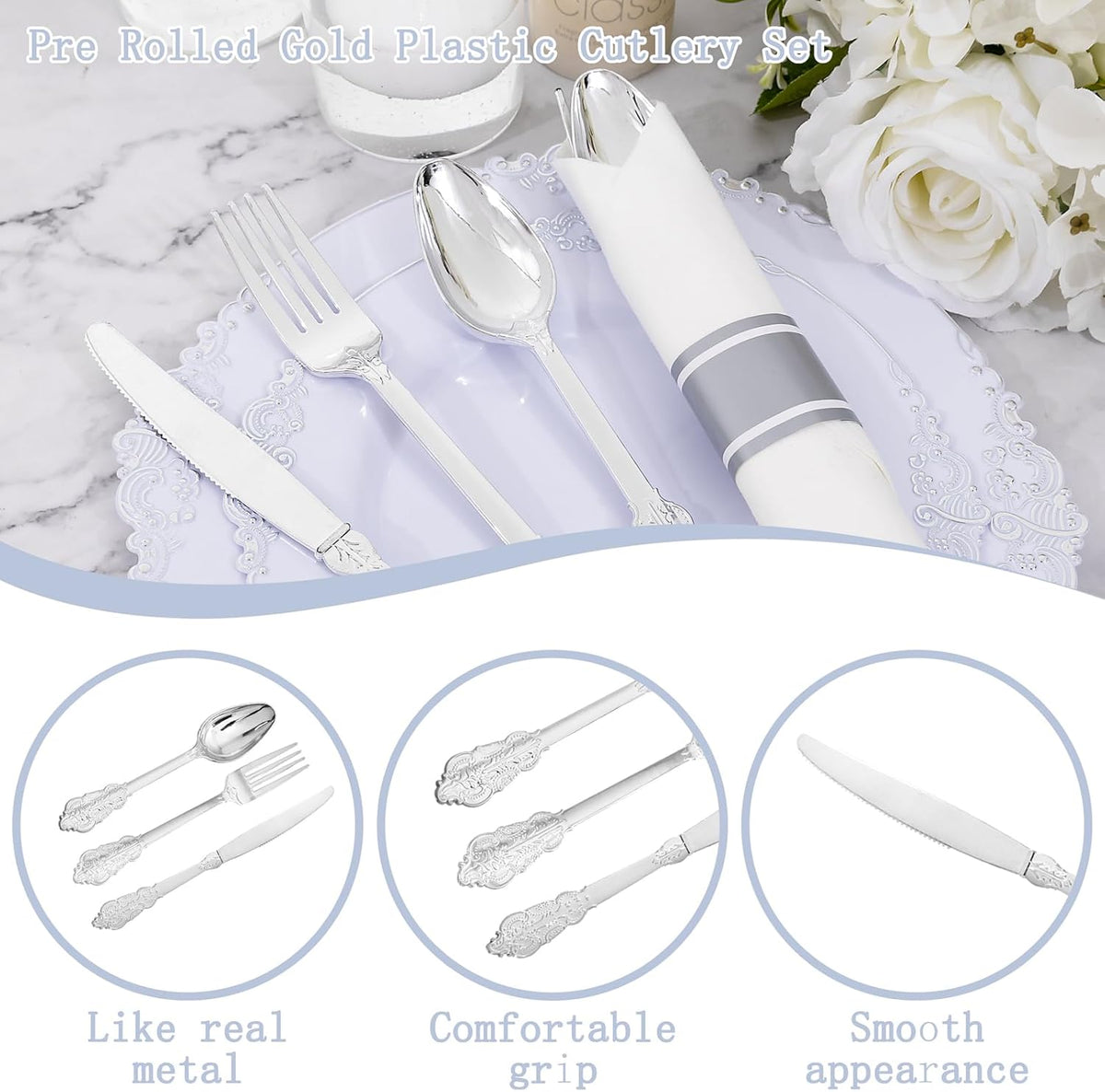 400PCS Pre Rolled Silver Plastic Silverware Sets - Heavy Duty Fancy Silver Cutlery - Include 100 Pack Wrapped Disposable Utensils with Napkins for Parties, Dinners & Weddings