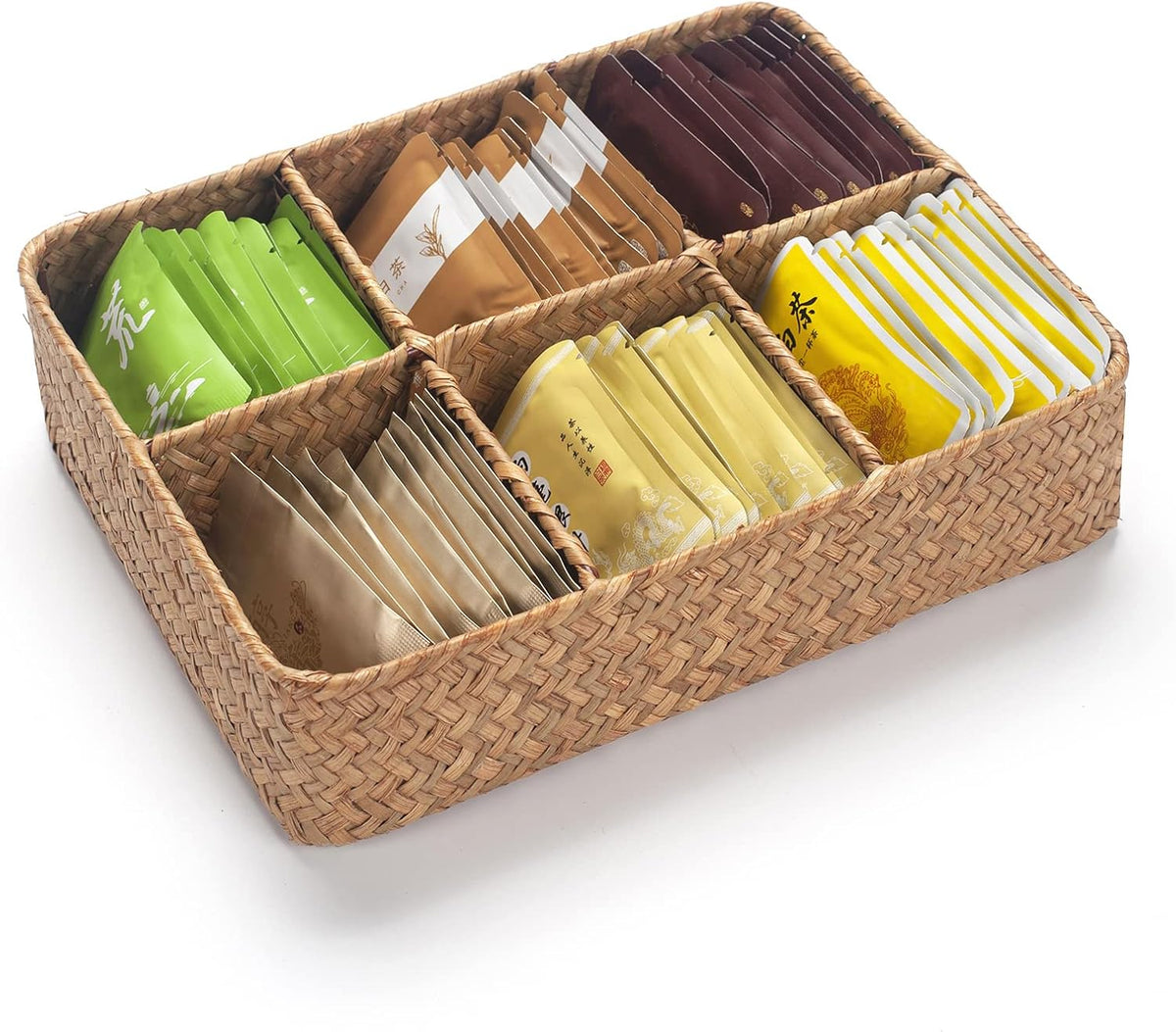 Tea Bag/Sugar Packet Holder, Coffee Station Condiment Organizer, Seagrass Storage Basket, Wicker Rattan Divided Basket Organizer for Drawer/Shelf/Countertop