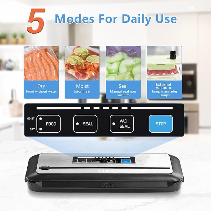 Inkbird Vacuum Sealer Machine with Starter Kit, Automatic PowerVac Air Sealing Machine for Food Preservation, Dry & Moist Sealing Modes,Built-in Cutter,Easy Cleaning Storage