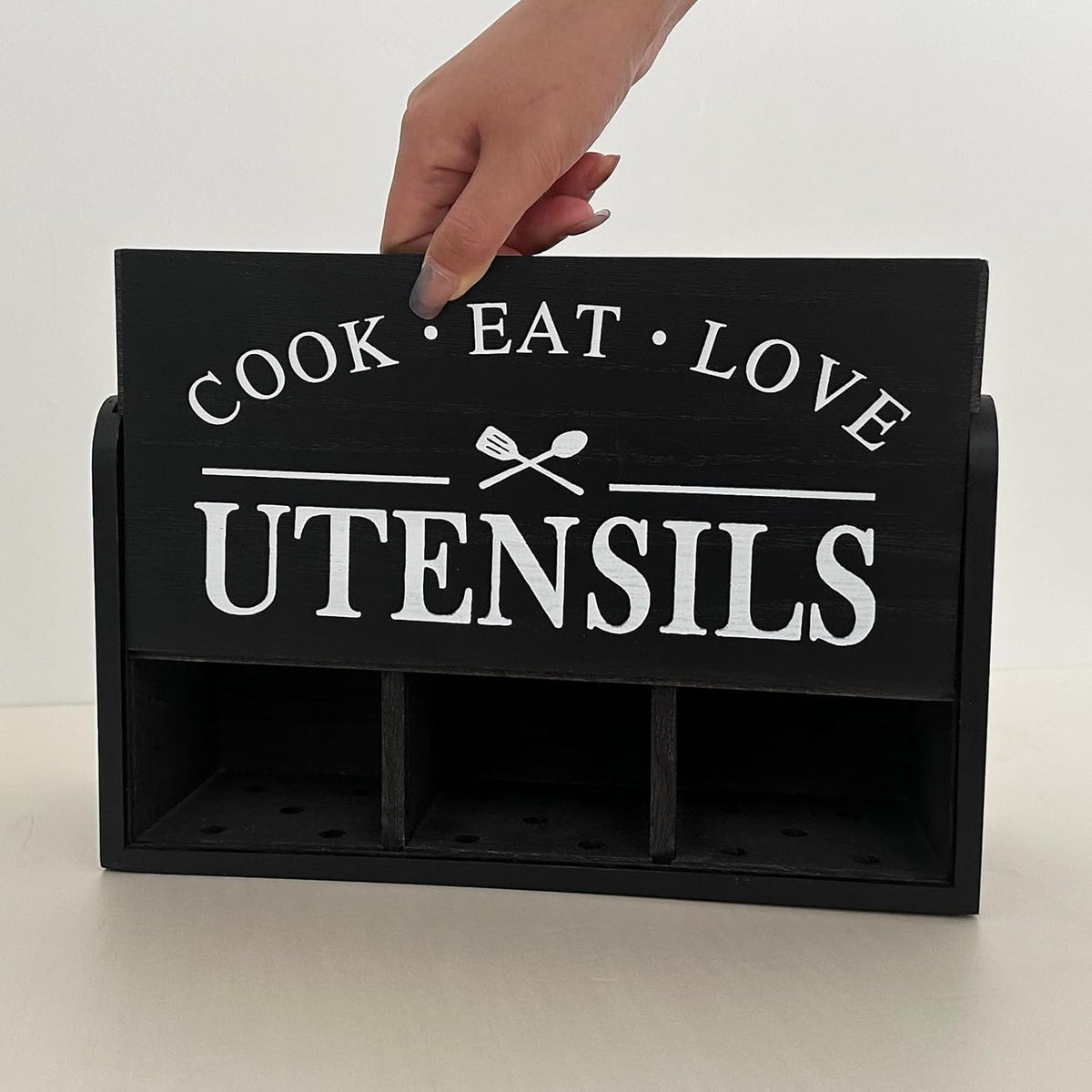 Solid Wood Farmhouse Cooking Utensils Organizer: Large Countertop Utensil Holder, 3 Compartments - Black