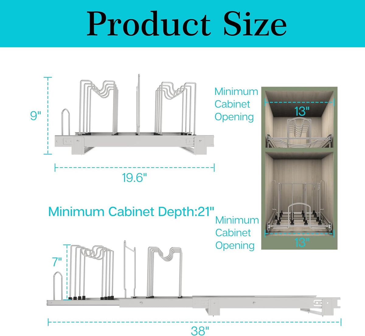 Pots and Pans Pull Out Organizer Under Cabinet, Adjustable Slide Out Pan and Pot Lid Rack Holder, Wire Dividers Kitchen Organization And Storage, Full-Extension Rail 12" W X 20" D