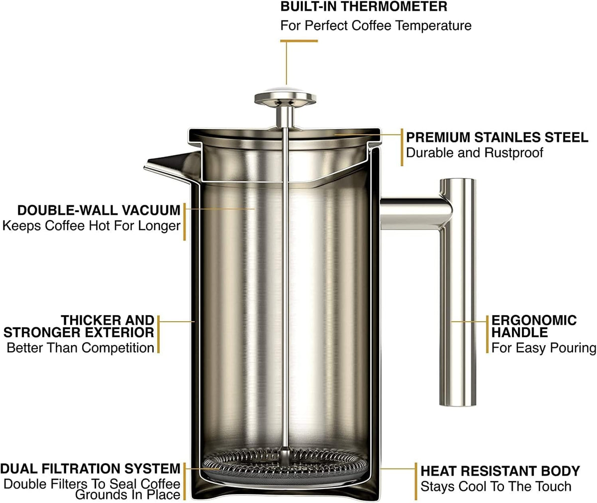 Barista Warrior French Press with Thermometer - Insulated Coffee Press - Stainless Steel Coffee Maker (1.0L, 34 fl oz, Gray)