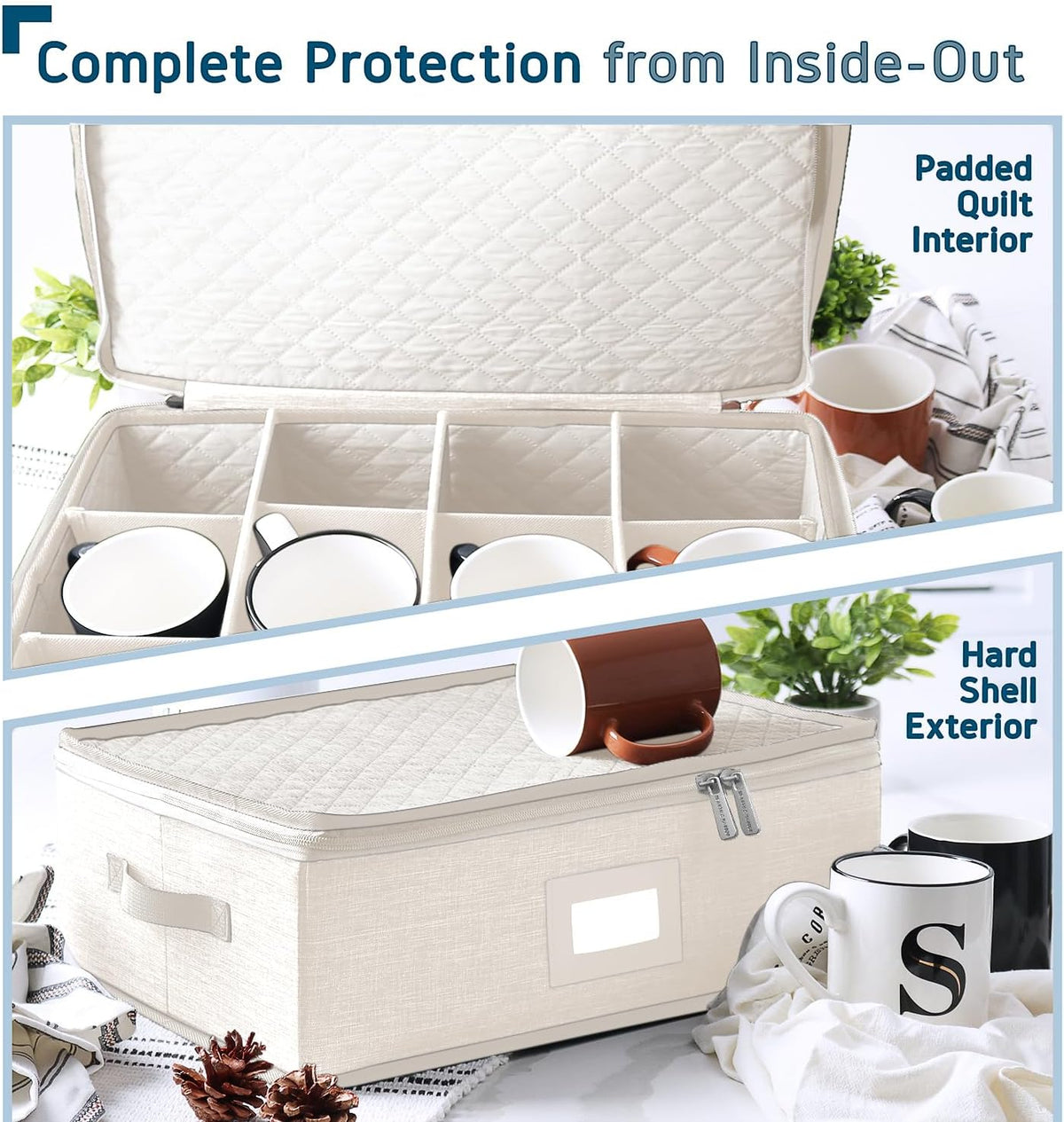 Hearth & Harbor Coffee Mug Storage, Quilted and Stackable Coffee Cup Storage Organizer for Service of 12, Mug Storage Box with Dividers, China Containers Hard Shell for Moving and Organization, Cream