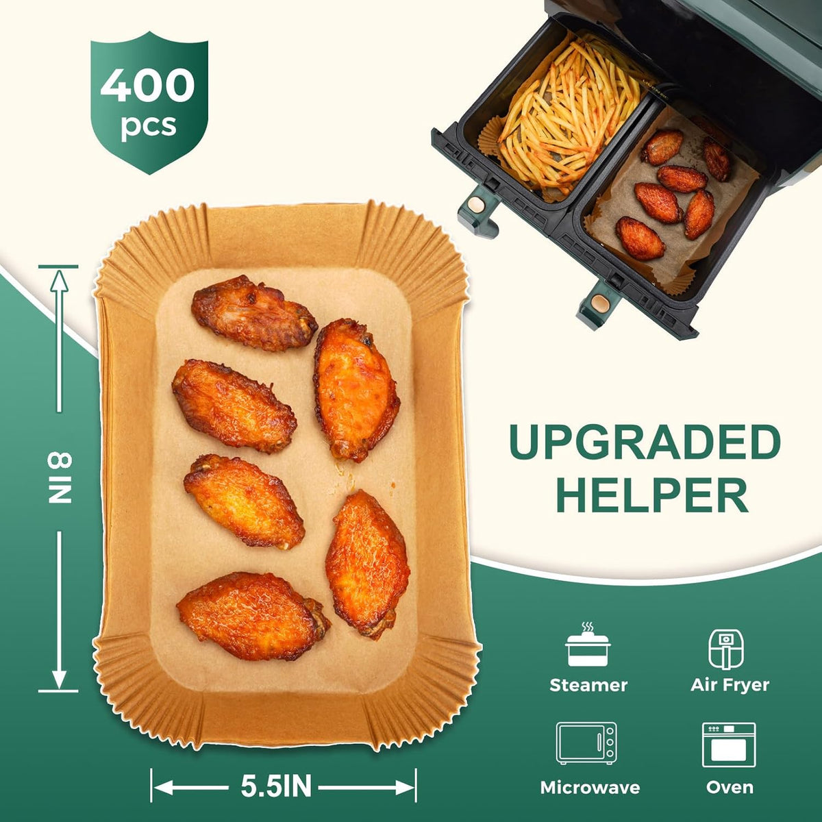 400Pcs Air Fryer Liners Disposable for Dual Basket, 8x5.5 Inch Parchment Paper Sheets, Rectangular Baking Liners for Ninja DZ201 DZ401, Chefman/COSORI 2-Basket Air Fryer, Oil Proof & Non-Stick