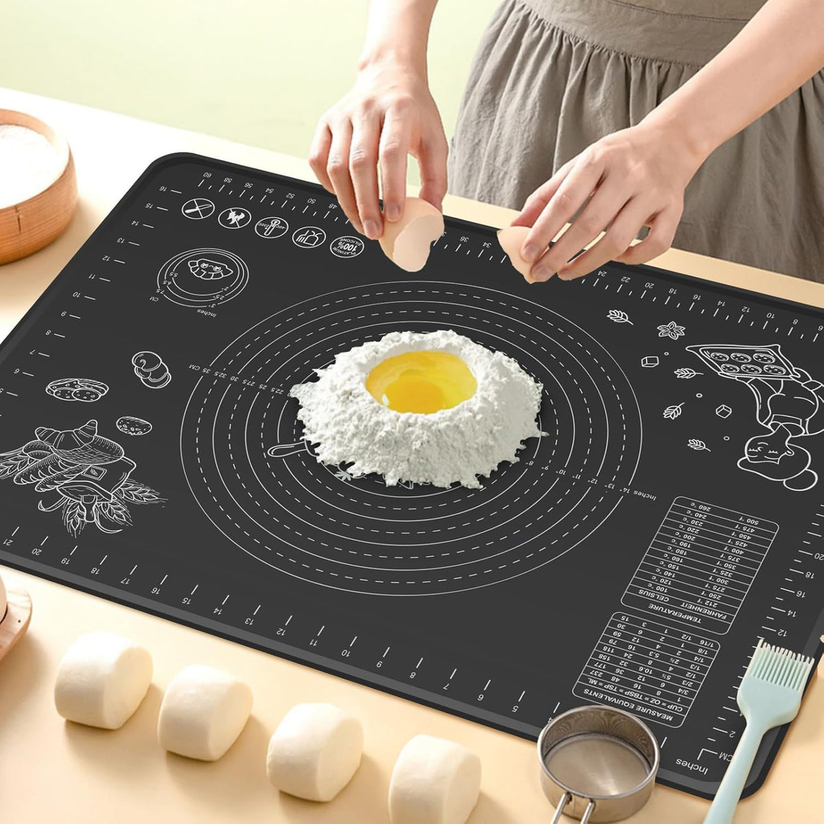 Silicone Baking Mat 32" x 24" Extra Thickness Dough Rolling Mat with Measurements and Edge Heightening, Non-stick Food Grade Silicone Pastry Mat for Pastry, Bread, Cookies, Pizza, Fondant, Pasta-Black