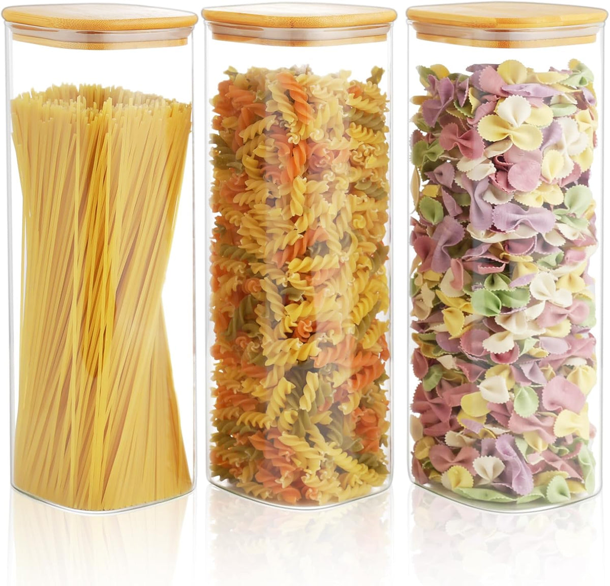 82 Oz Glass Storage Containers with Bamboo Lids, Square Glass Canister Sets Clear Glass Pantry Storage Containers with Lids for Cookie Flour Oat Pasta Tea Coffee Bean, Set of 3