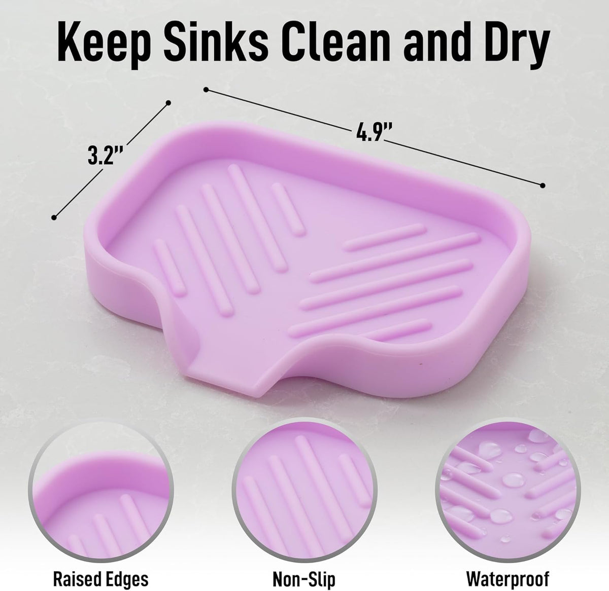 Zulay Kitchen Small Silicone Sponge Holder (4.9x3.3”) – Space-Saving Sink Organizer Tray for Sponge, Soap, Brush & More – Compact Non-Slip Dish for Kitchen & Bathroom (Lavender)