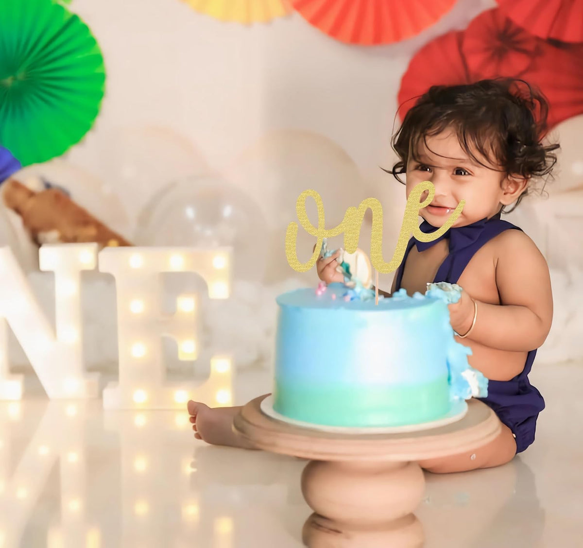 First Birthday Cake Topper - Gold Glitter One Cake Decorating Supplies for Girls and Boys, Perfect for Baby Shower/Gender Revealing Party/Baby Party Photo Booth Props