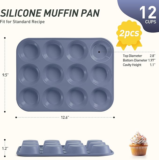 2 Pack 12 Cups Silicone Muffin Pan with Metal Reinforced Frame Regular Size Silicone Molds Cupcake Cake Baking Pans Cookie Baking Chocoflan Cupcake Mold Muffin Top Pan Flanera Housewarming Gift