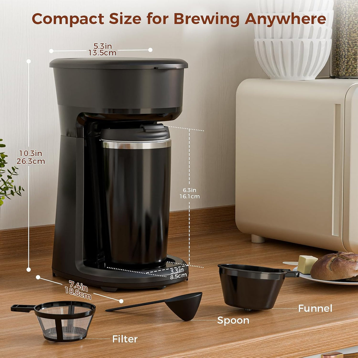 Single Serve Drip Coffee Maker with Travel Mug, One-Touch Operation, Fast Brew, Compact Small Coffee Maker with Removable Filter,Ideal for Home, Office, or On the Go(Black)
