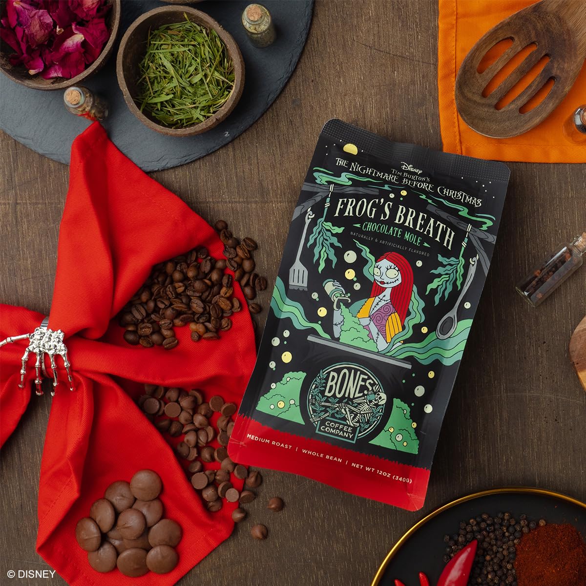 Bones Coffee Company The Nightmare Before Christmas Frog's Breath Flavored Coffee Beans, Medium Roast Ground Coffee Low Acid, Chocolate Mole Flavor (12 oz)