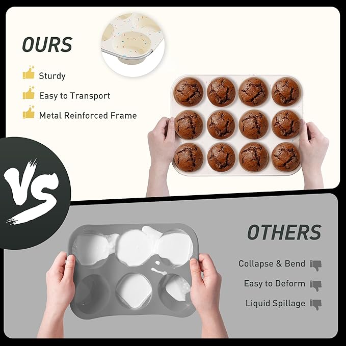 2 Pack 12 Cups Silicone Muffin Pan with Metal Reinforced Frame Regular Size Silicone Molds Cupcake Cake Baking Pans Cookie Baking Chocoflan Cupcake Mold Not Stainless Steel Ceramic Aluminum