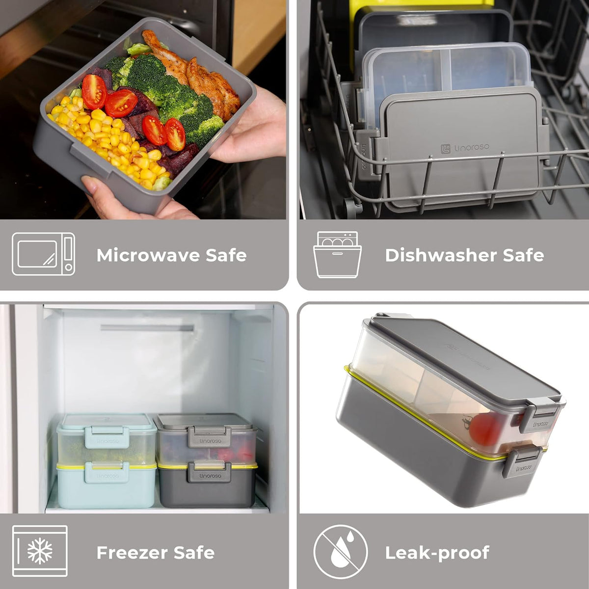 linoroso Stackable Bento Box Adult Lunch Box | Meet All You On-the-Go Needs for Food, Salad and Snack, Premium Bento Lunch Box for Adults Include Utensil Set, Dressing Containers - Ultimate Gray
