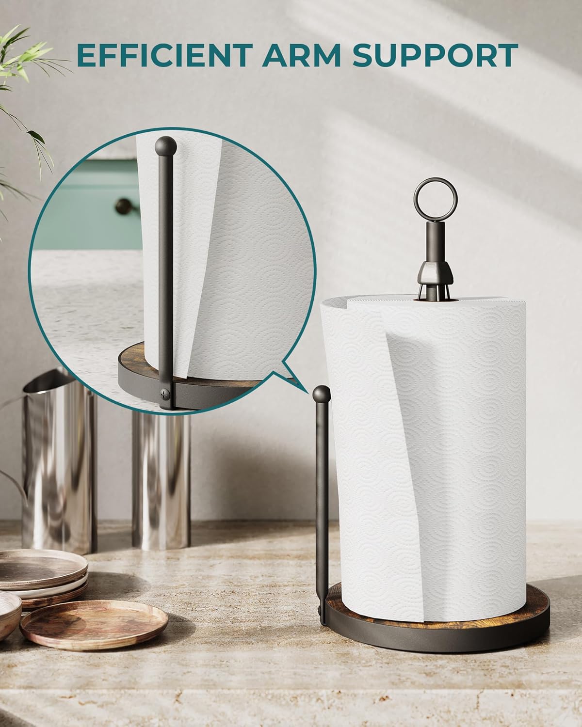 OROPY One-Hand Tear Paper Towel Holder Countertop, Farmhouse Wood Paper Towel Roll Holder with Ratchet Mechanism and Suction Cups fits Standard and Jumbo Size Paper Towels