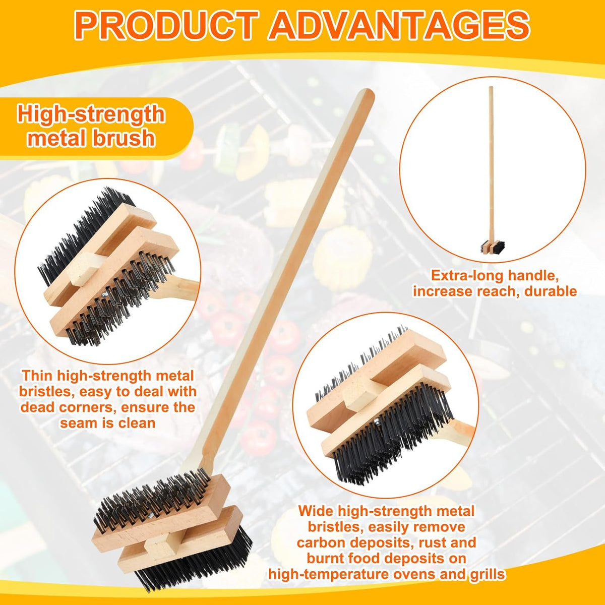 1 Pack Stainless Steel Grill Brush 48 Inch Large Double Ended Grill Brush with Long Handle for Commercial BBQs Outdoor Good Picnic Restaurant Kitchens Dealing with Grease Residue and Buildup