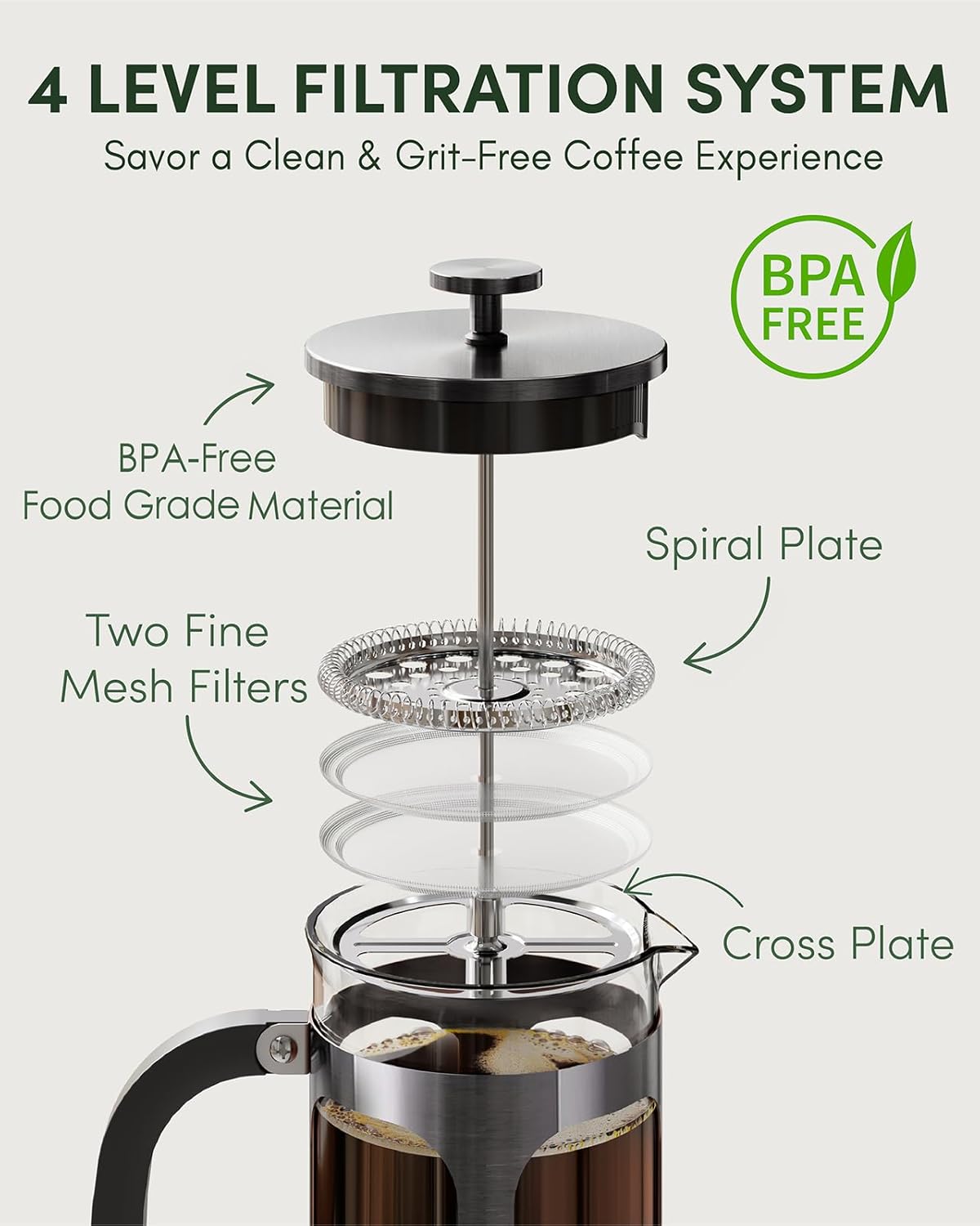 BAYKA French Press Coffee Maker 34 Ounce 1 Liter, Borosilicate Glass Stainless Steel Brewer, Large Portable Cold Brew Cafetera Teapot for Kitchen Travel Camping Coffee Bar Accessories, Dark Pewter