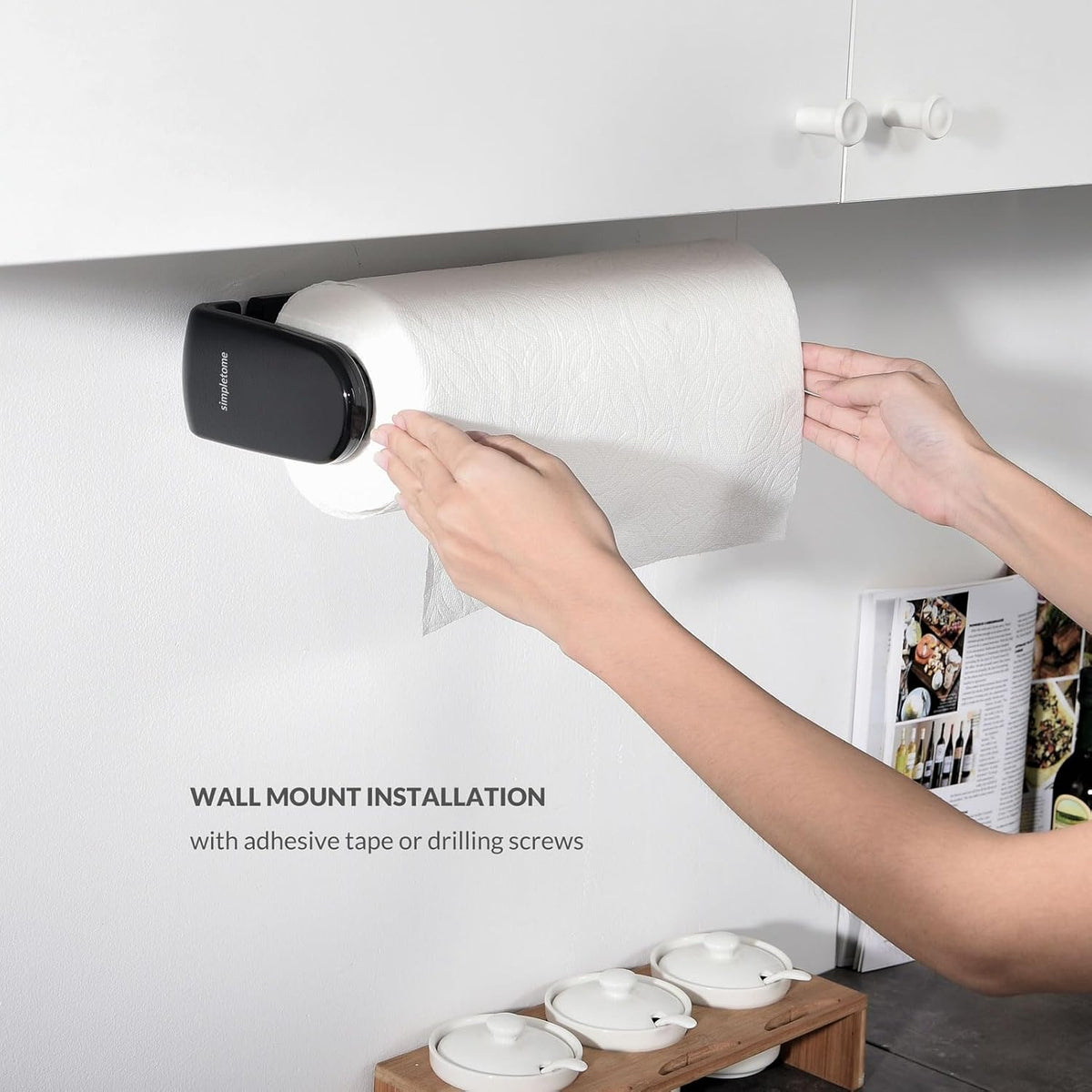 simpletome Paper Towel Holder Under Cabinet or Wall Mount ONE Hand Operation Tension Arm Kitchen Roll Holder (Black, for 24-28cm/9.4-11inches roll)