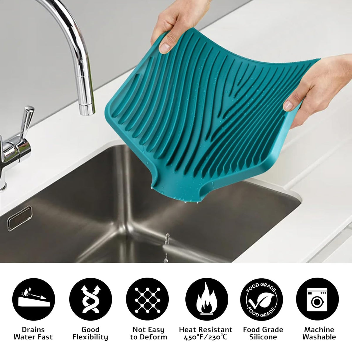 Silicone Dish Drying Mat for Kitchen Counter, Dish Drying Pad, Non-Slip Drain Pad with Built-in Drain, Heat Resistant Stone Drying Mat, 3 pcs (Green)