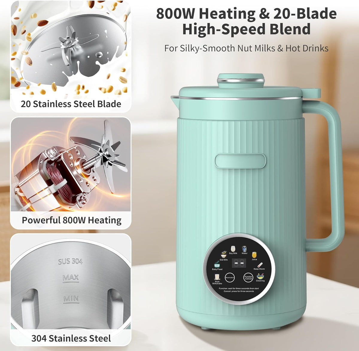 35oz Soy Milk Maker Machine: 8-in-1 Nut Milk Maker for Oat Milk, Vegan Drinks, Baby Food Blender - Plant-Based Milk Machine with Stainless Steel, LED Touch, Auto Shutoff (Green)