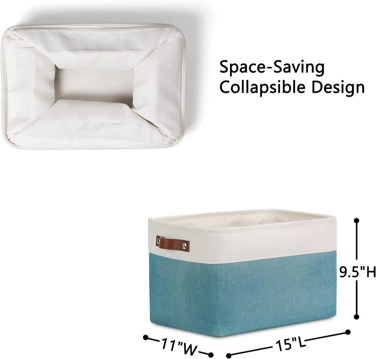 DULLEMELO Storage Baskets for Shelves, Fabric Collapsible Rectangular Storage Bins for Shelves, Closets, Nursery, Home, Empty Gift Baskets (3-Pack Medium-15 inch X 11 inch X 9.5 inch , White&Teal)