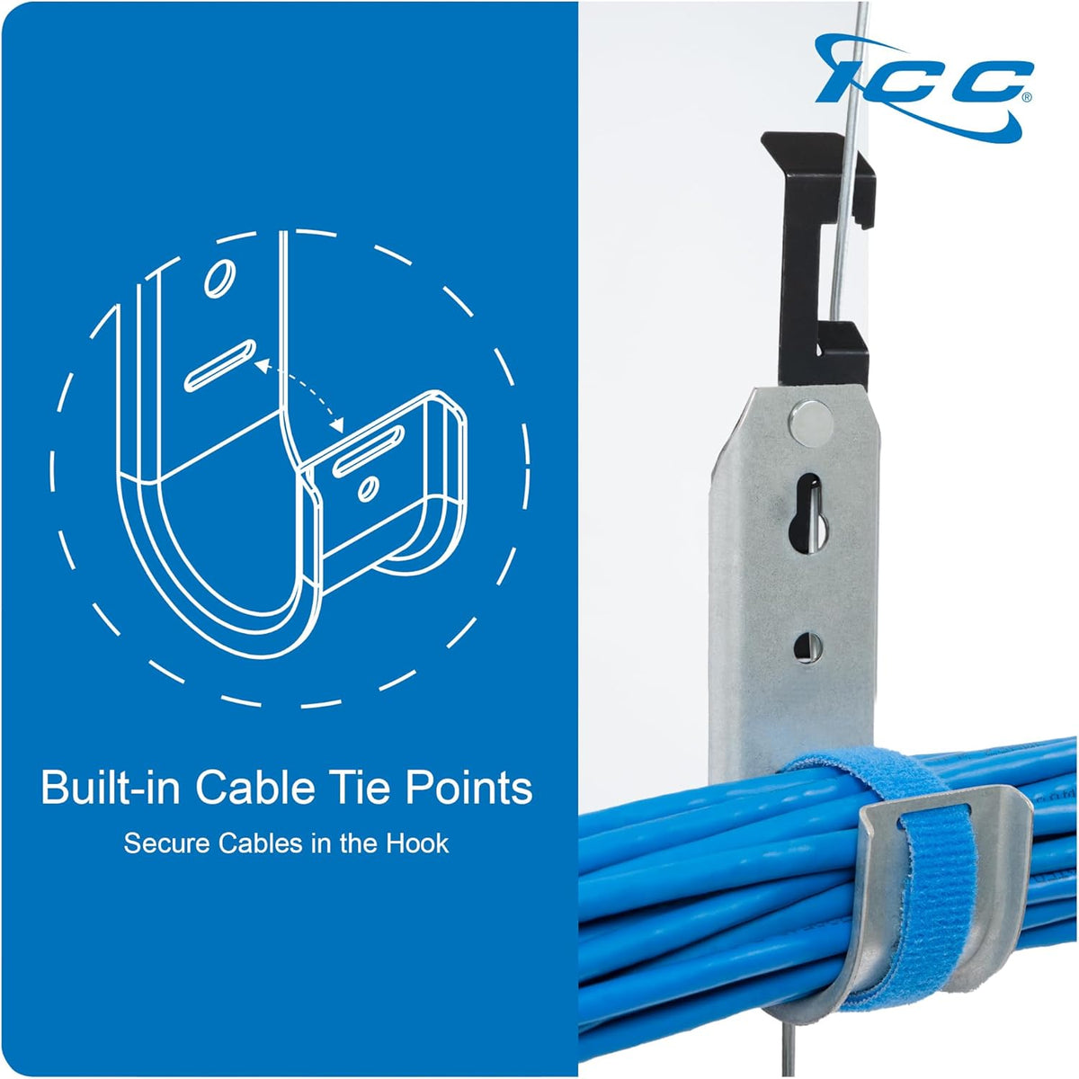 ICC Batwing J Hook 3/4” Without Retainer Clip - Galvanized Steel Cable Management Hooks for Hanging Cable to Hanger Wire and Threaded Rod - Rust-Resistant, EIA and TIA Compliant - 3/4 Inch 25 Pack