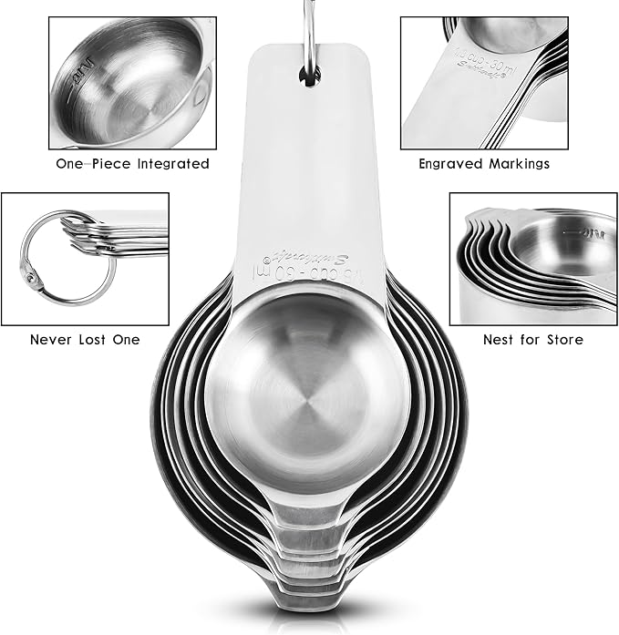 Measuring Cups and Spoons Set 17, Metric & US 18/8 Stainless Steel Measuring Cups and Spoons Set for Baking & Kitchen, Dry & Liquid Metal Measure Cup and Long Handle Spoons for Spice Jar