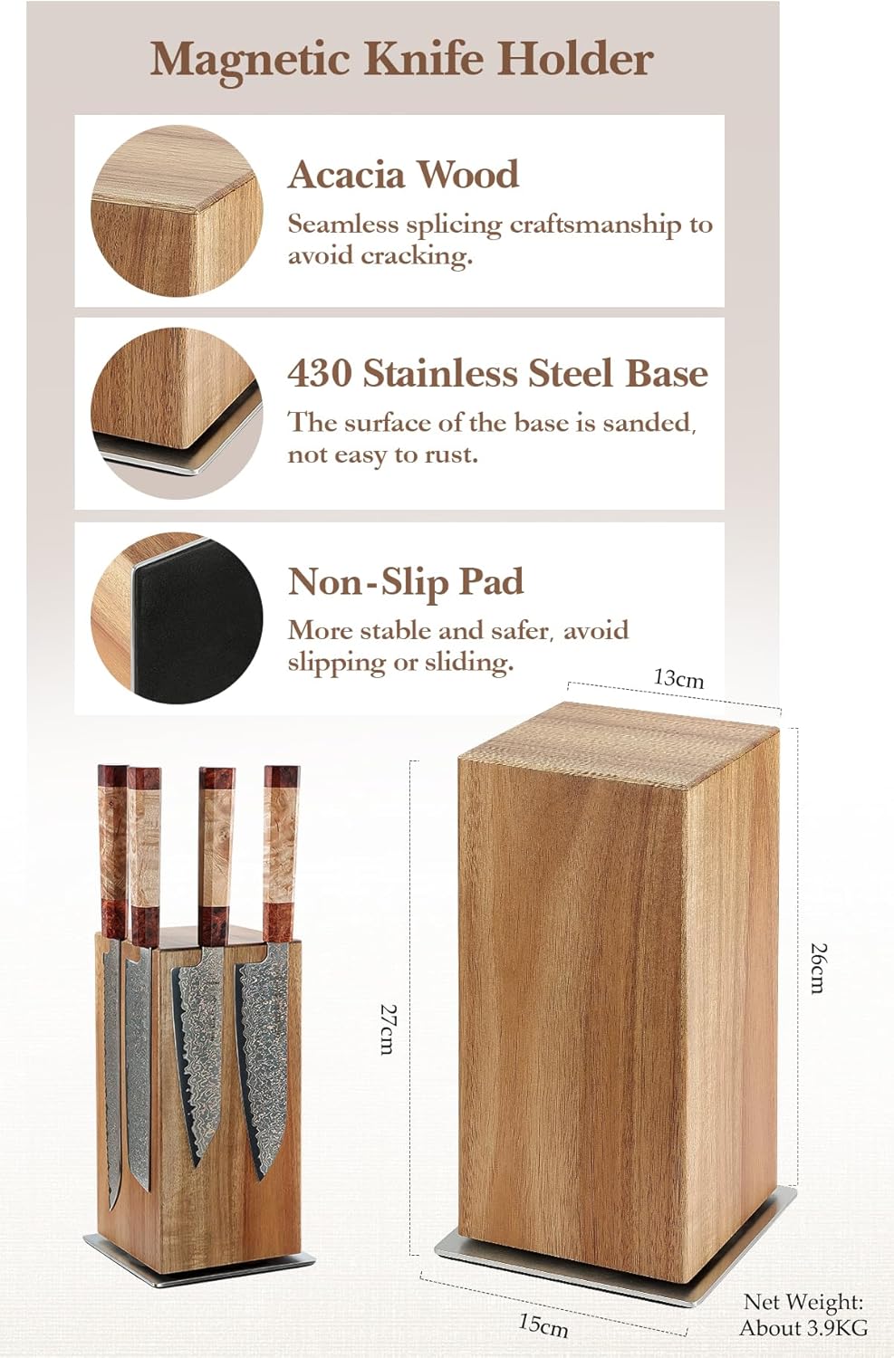 HEZHEN Magnetic Rotating Knife Holder without Knives, Acacia Wood, 360° Knife Block for Kitchen Counter, Space-saving and Larger Capacity Knife Storage, Strong Enhanced Magnets Strip