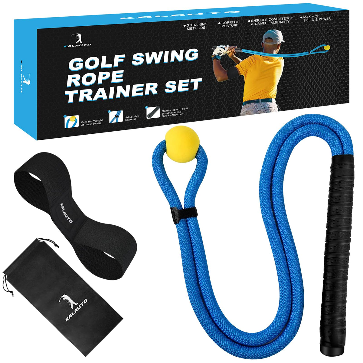 KALAUTO Golf Rope Swing Trainer Set-Golf Swing Training Aid,Improved Golfers Swing and Master Tempo,Golf Gifts for Men Golfers,Included Swing Correcting Arm Band&Rope Trainer with Weighted Ball(Blue)