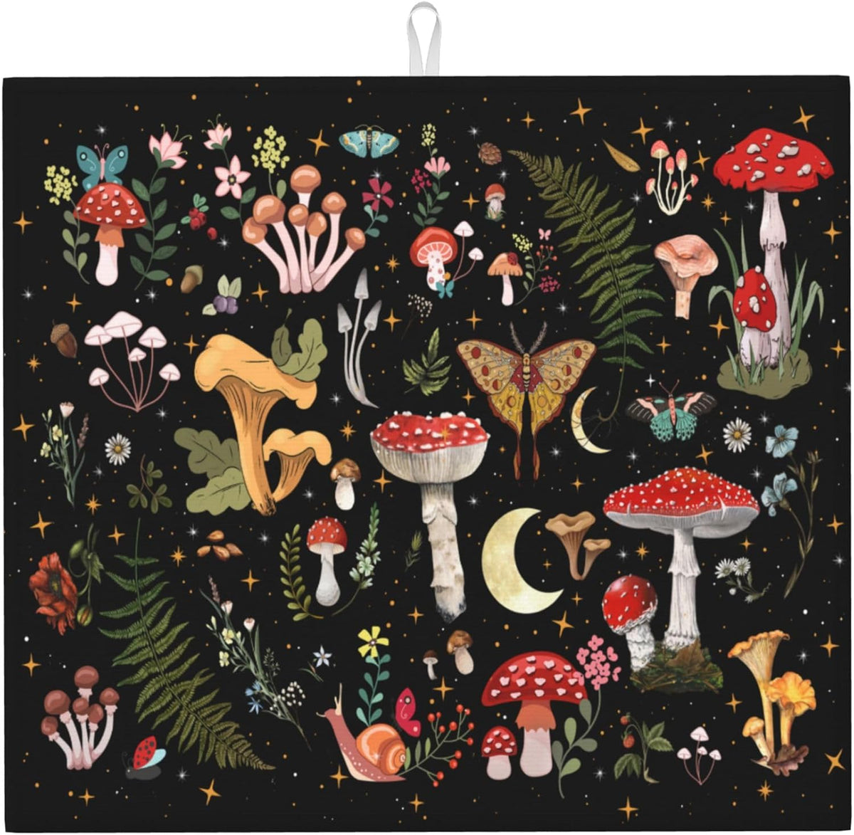 Mushroom Dish Drying Mat for Kitchen Counter Moth Gothic Witchy Dish Drainer Rack Mats 16x18 Inch Absorbent Reversible Black Drying Pad