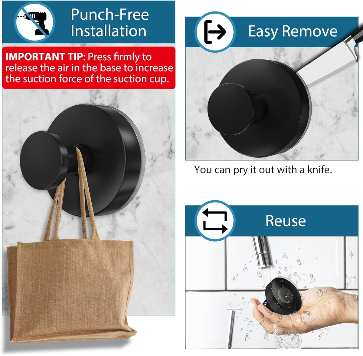 Suction Cup Hooks for Shower, 4 PCS No-Drill Towel Holder for Bathrooms Wall, Glass Door, Mirror, Tiles, Kitchen, Hold Robe & Wreath, Hanging up to 15 lbs – Waterproof & Rustproof, Matte-Black