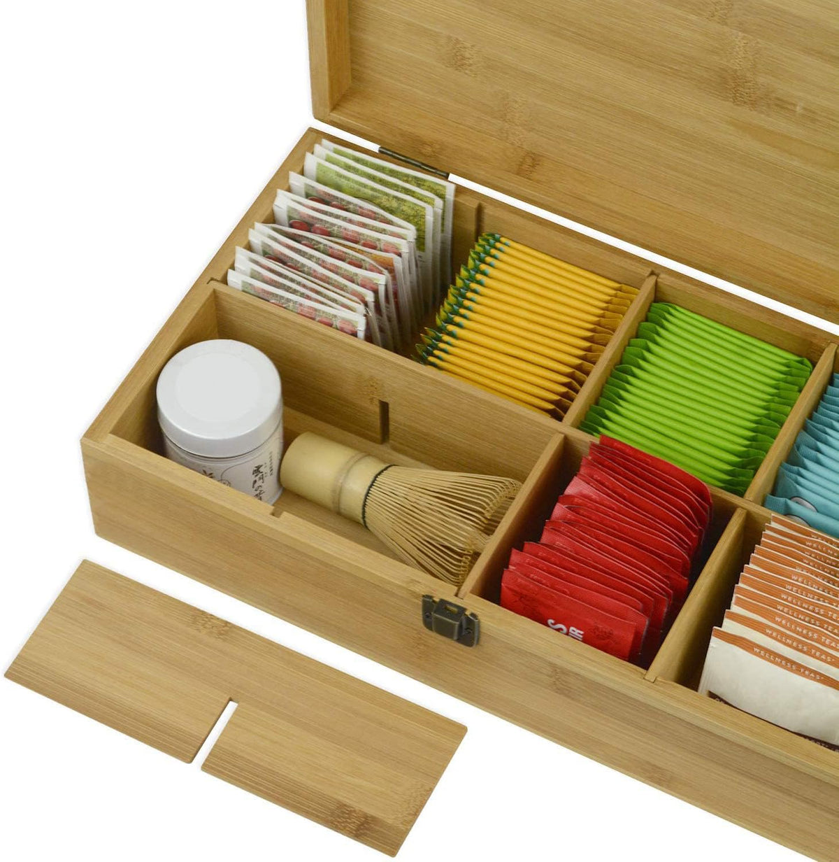 Tea Organizer Box Food Safe Chemical Free Bamboo Wood Storage Chest Big, Tall, Adjustable Cubbies (8-Slot 14.3" x 8.1" x 4.2" with TEA print design)