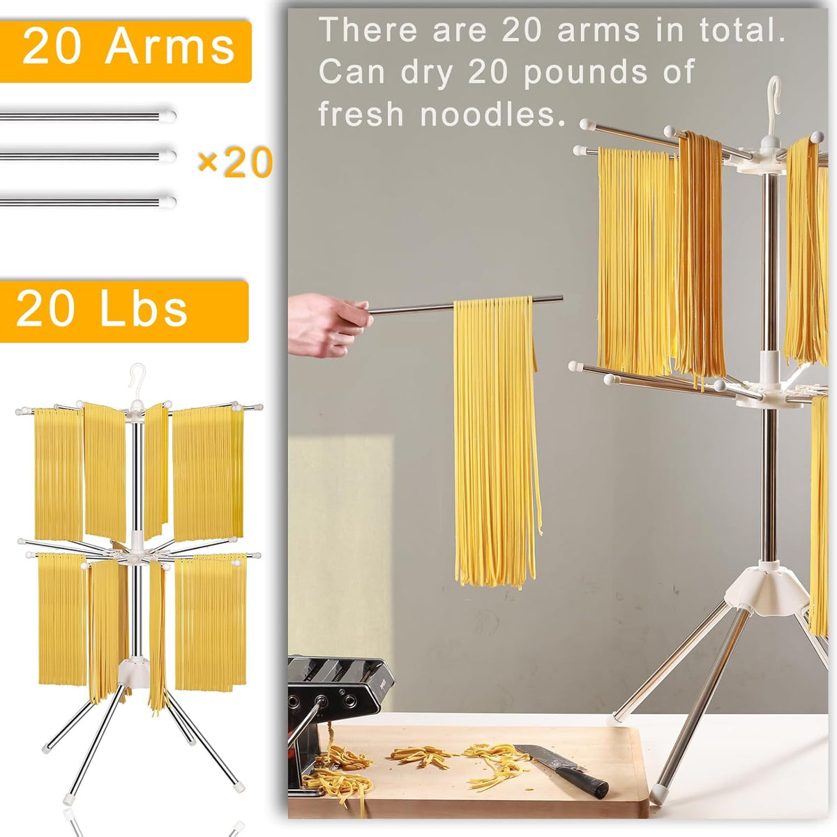 Pasta Drying Rack, Large Pasta Rack with 20 Arms, Pasta Drying Rack Collapsible for Homemade Fresh Spaghetti