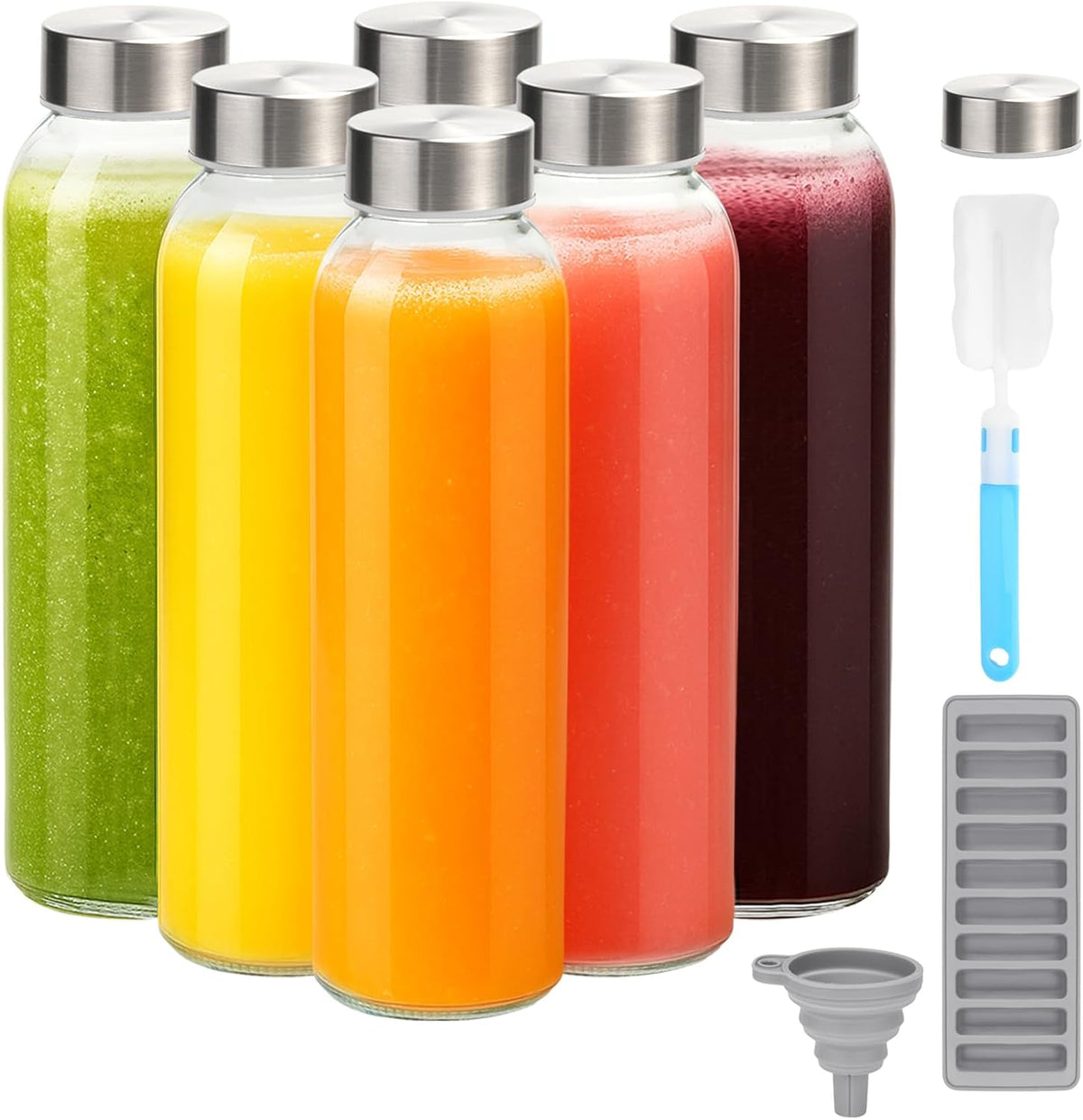 Zukro Glass Water Bottles with Lids 24 oz, 6 Pack Reusable Juice Bottles With Stainless Steel Airtight Cap for Juicing, Leak Proof Clear Drinking Jar Beverage storage container for Fridge, BPA Free